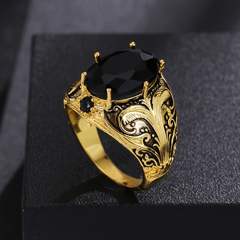 Vintage Style Men's Copper Ring with Black Oval Synthetic Zirconia Inlay