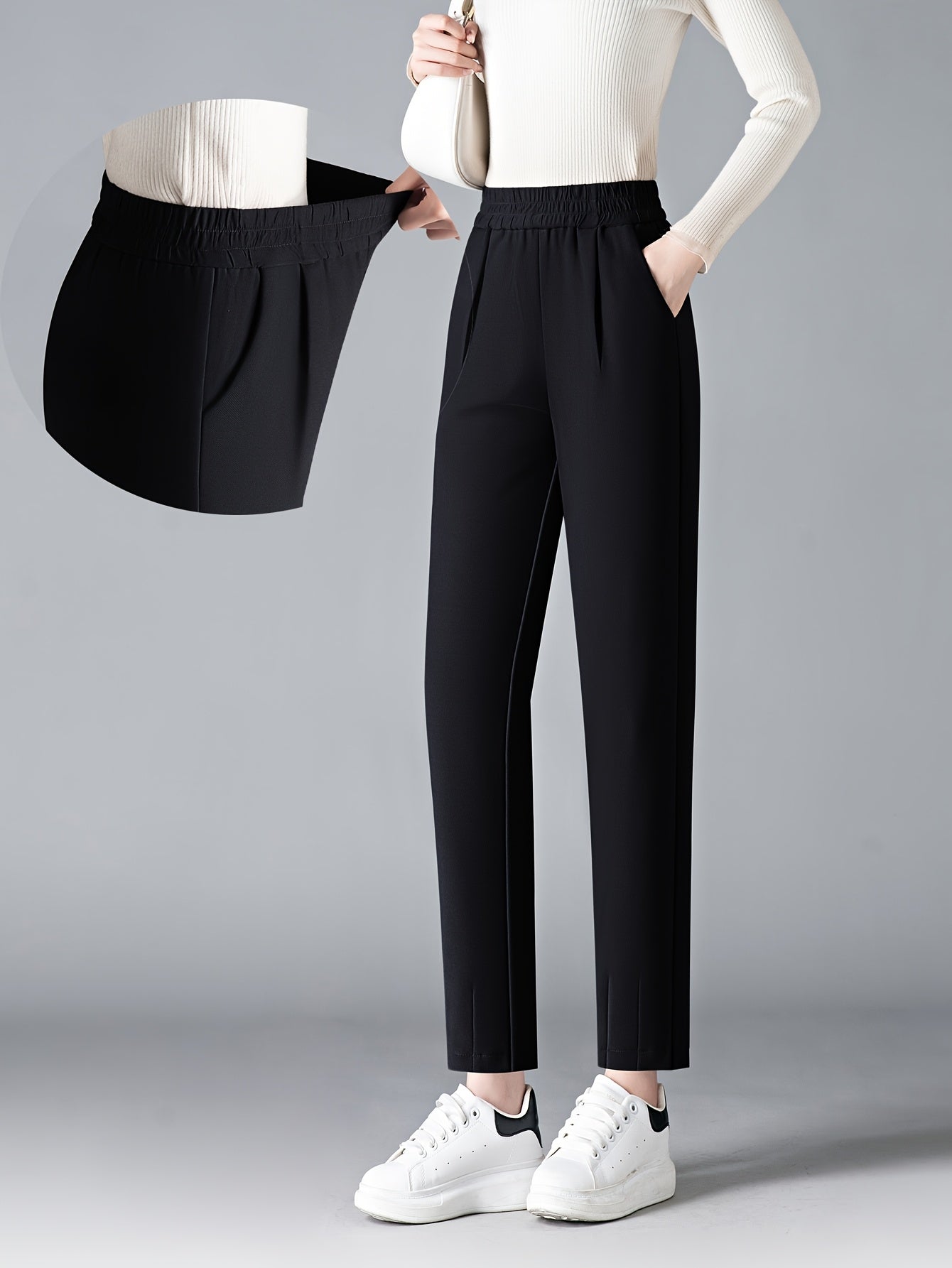 Women's Slimming High-Waist Harem Pants Black Elastic Waist All-Season