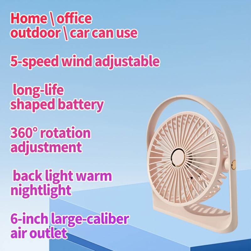 Compact 6-Inch LED Table Fan with Backlight Rechargeable USB Battery for Office Camping Travel