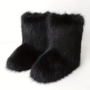 Women's Faux Fur Mid-Calf Boots Slip-On Flat Winter Casual