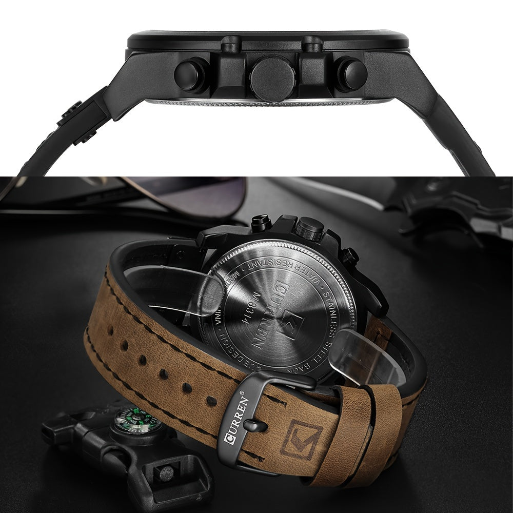 Reloj de cuarzo clásico retro para hombre con cronógrafo, calendario analógico, resistente al agua y de cuero PU