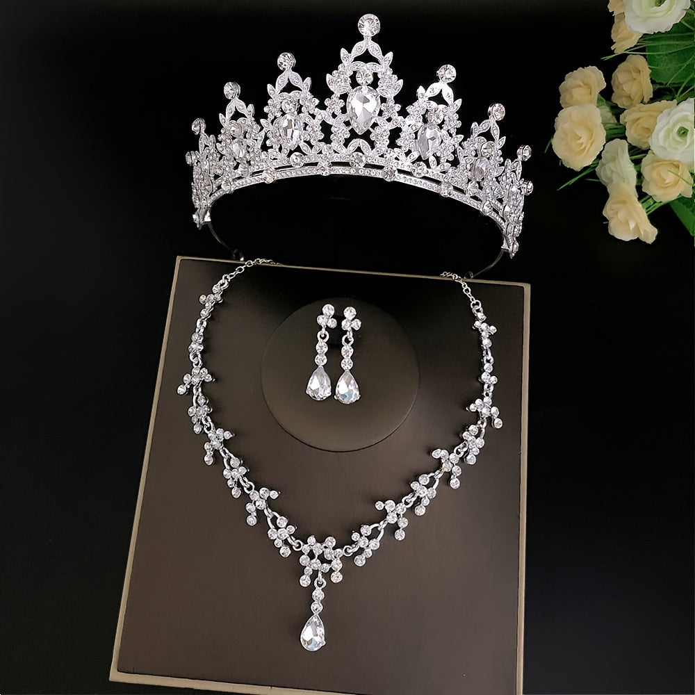 Women Bridal Jewelry Set Crystal Tiara Earrings Necklace for Weddings and Parties