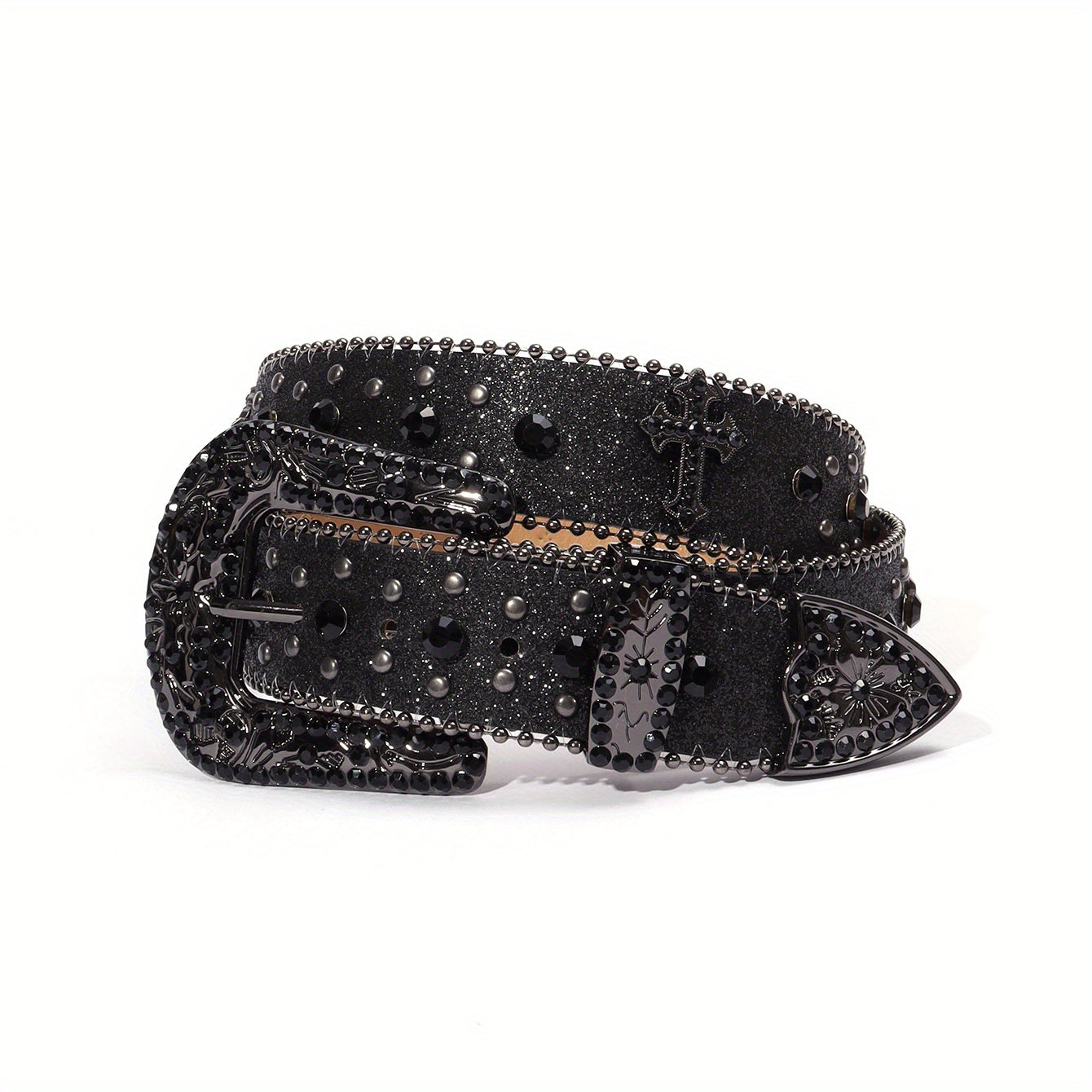 Women’s Boho Leather Belt with Rhinestones and Carved Buckle for Festival and Western Jeans