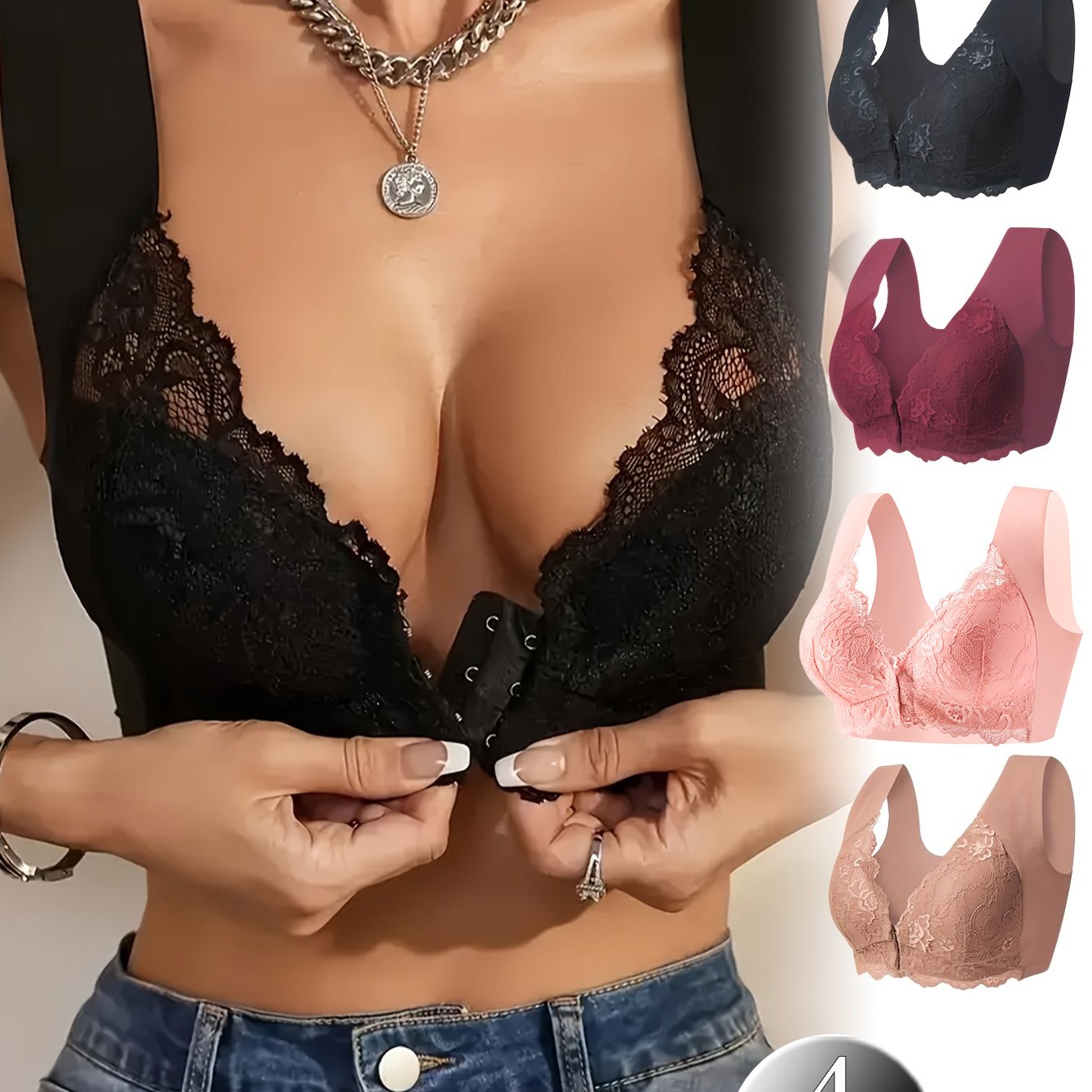 Women's Lace Front Opening Bra Fashion Underwear 4-Pack