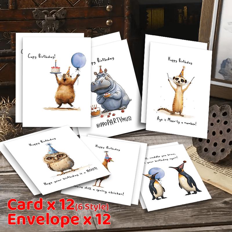 24 ta Hayvon Mavzusidagi Tug'ilgan Kun Kartochalari to'plami, Mos Kelayotgan Konvertlar bilan - Gippolar, Pingvinlar, Qushlar va Boshqalar - Rahmat xabarlari va Sovg'alar uchun Ideal