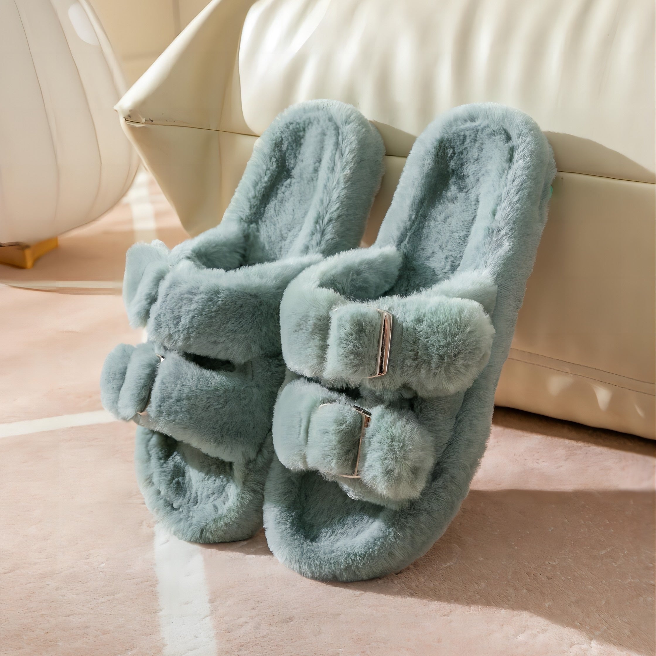 Women's Soft Fabric Slip-On Slippers with Double Buckle, Indoor Outdoor, Black Light Blue