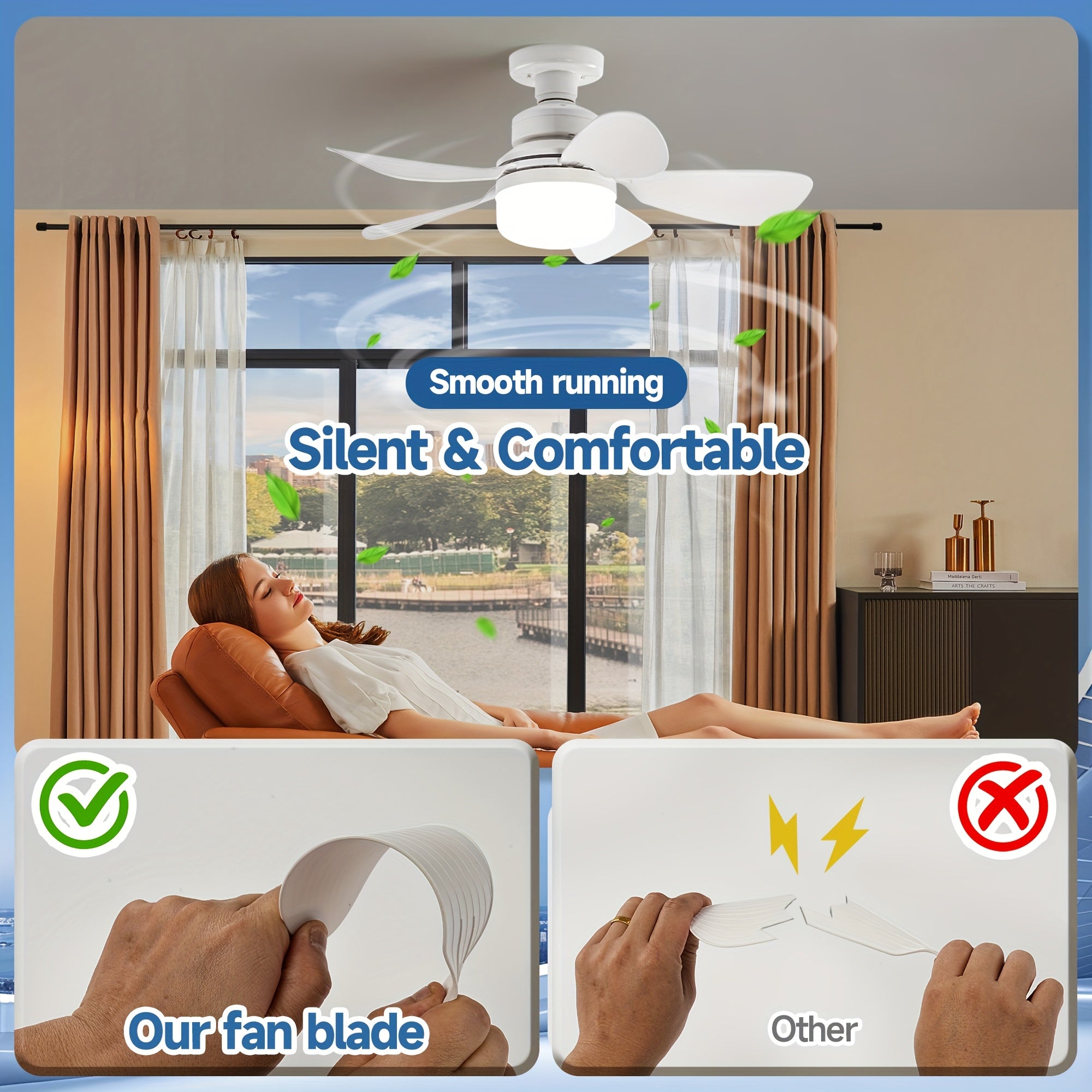 5-Blade Ceiling Fan with Remote Control 42cm Diameter 3 Speeds E26/E27 Bulb Base