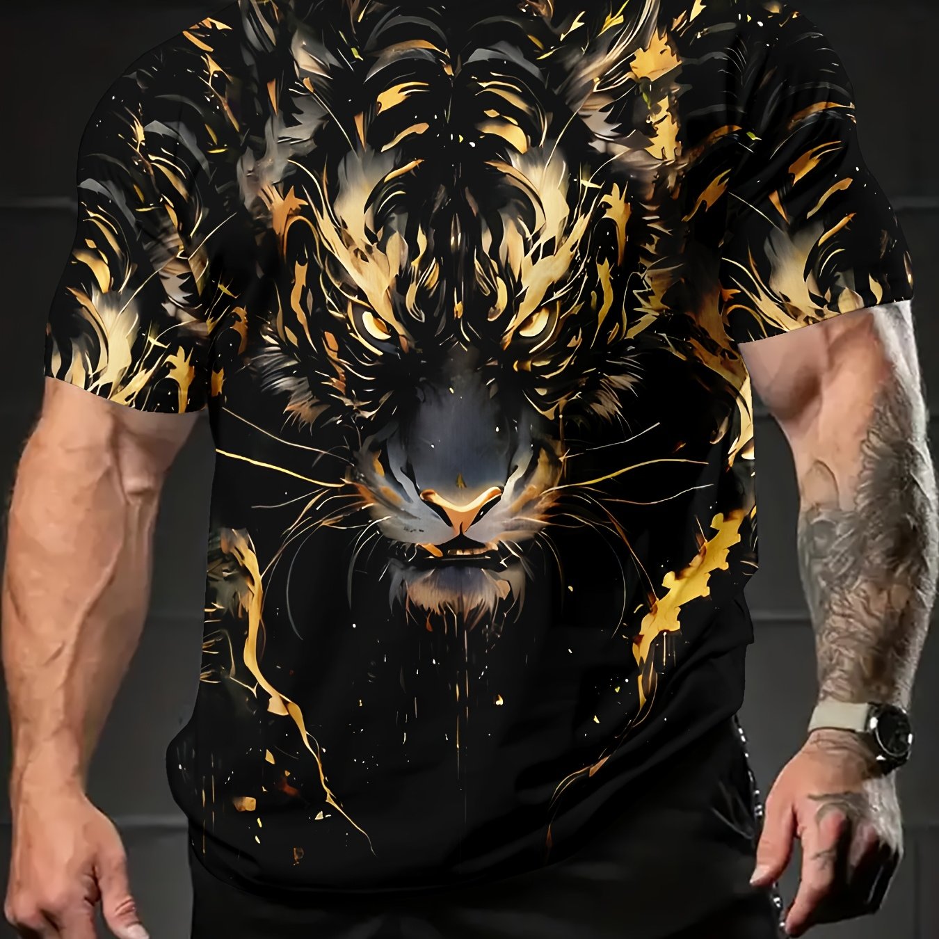 Camiseta casual para hombre con estampado de tigre de aceite negro y dorado, punto de poliéster, manga corta, verano