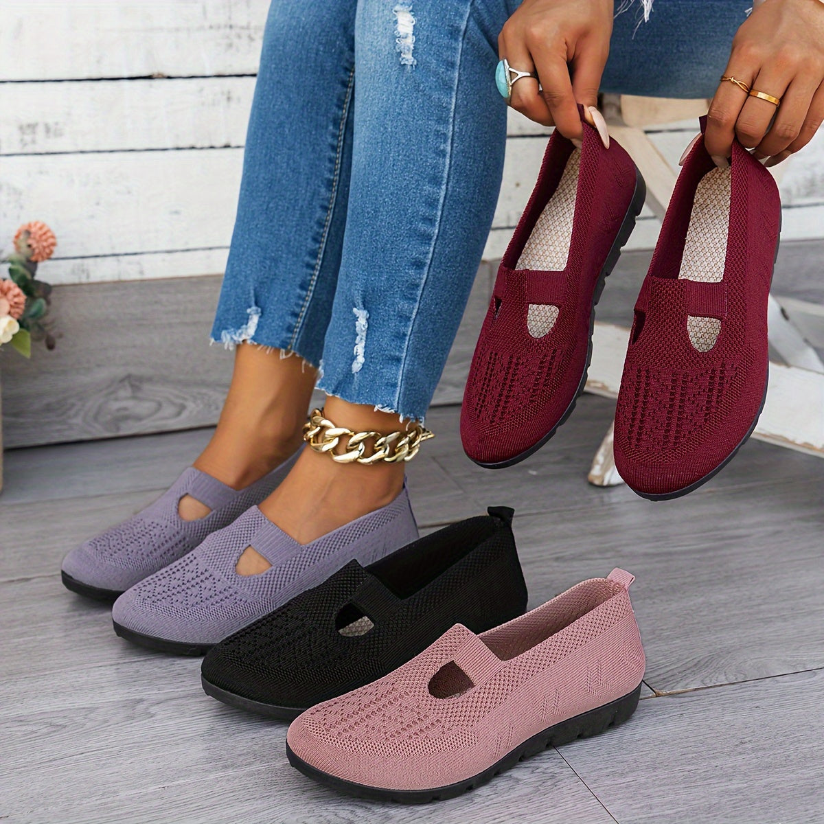 Zapatillas slip-on transpirables para mujer, zapatos planos casuales con suela de goma
