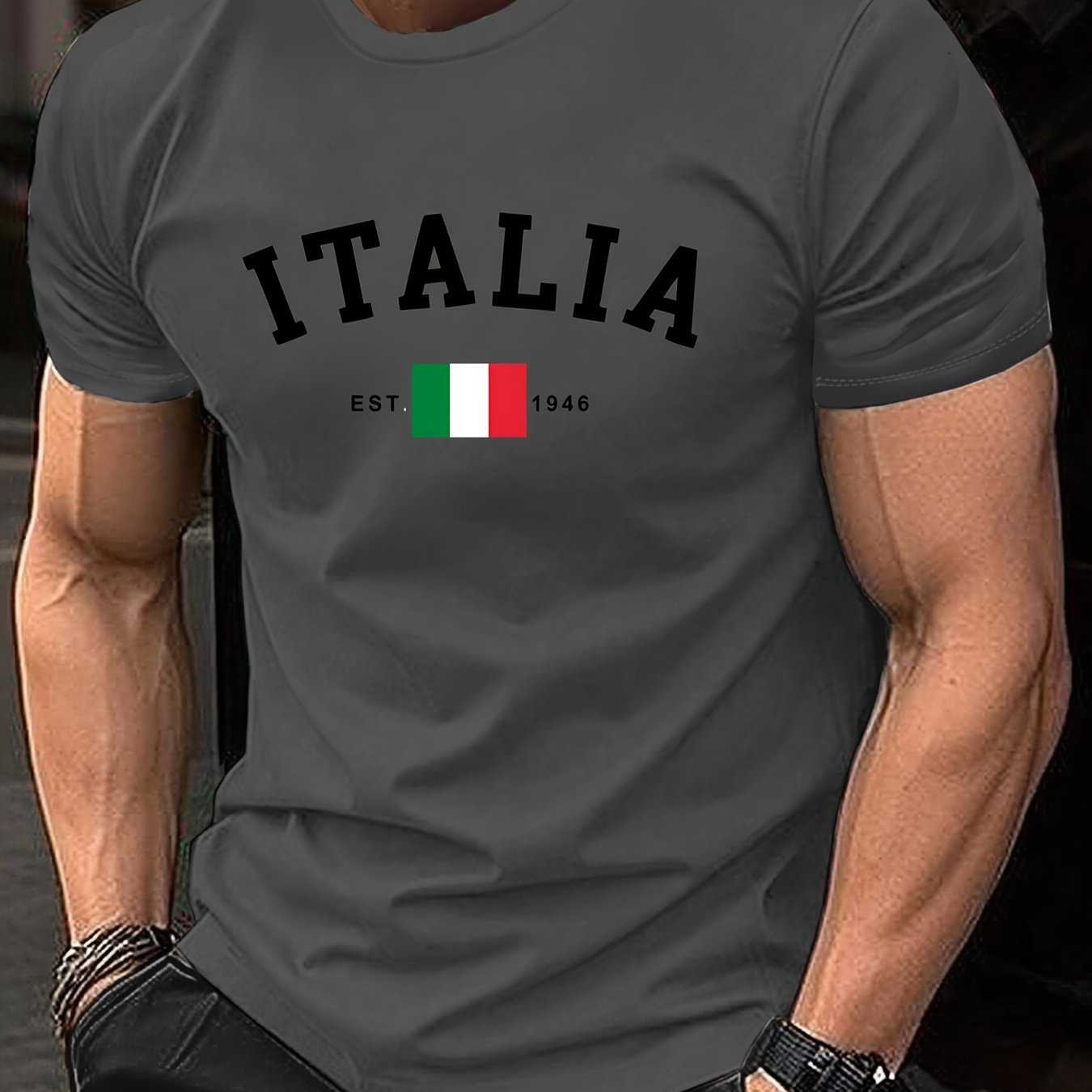 Camiseta de hombre con estampado gráfico de poliéster, cuello redondo, estilo casual de verano, calle en negro, burdeos, verde, azul, gris