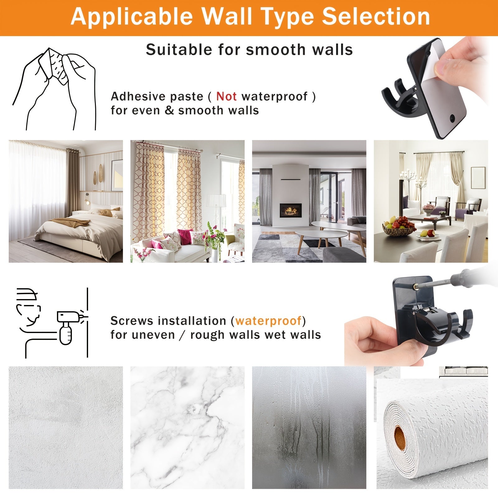 Self-Adhesive Curtain Pole Brackets 40mm Diameter Pack of 4 with Screws