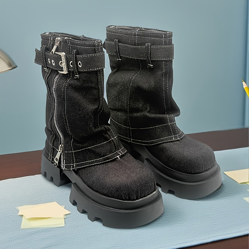 Women's Denim Mid-Calf Boots with Chunky Heel Rubber Sole Winter Comfort