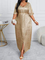 Plus Size V-Neck Evening Dress with Short Sleeves and Shiny Slit Skirt
