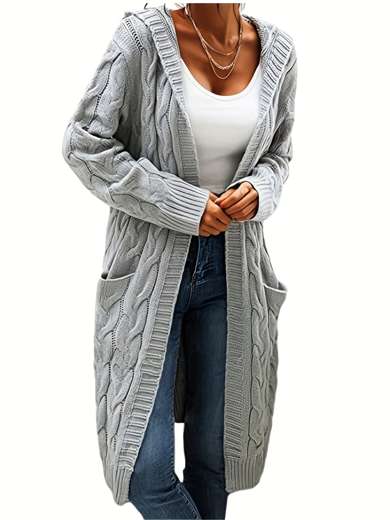 Women's Cable Knit Hooded Cardigan with Pockets Acrylic Fall Winter Layering