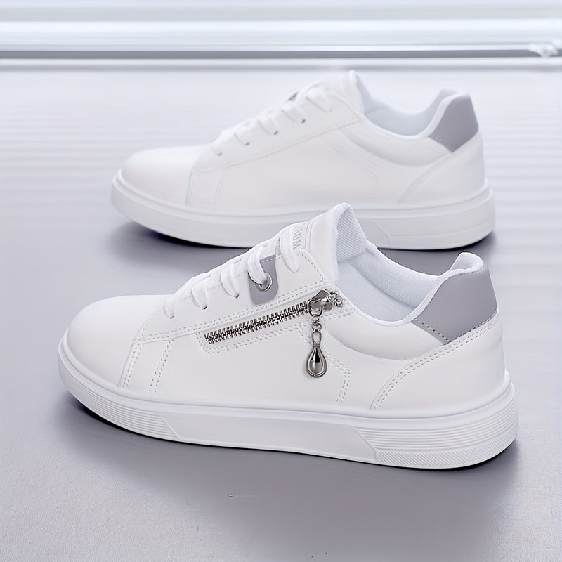 Ladies' Side Zipper Low-Top Flat Shoes, Comfortable Solid Color Walking Sneakers