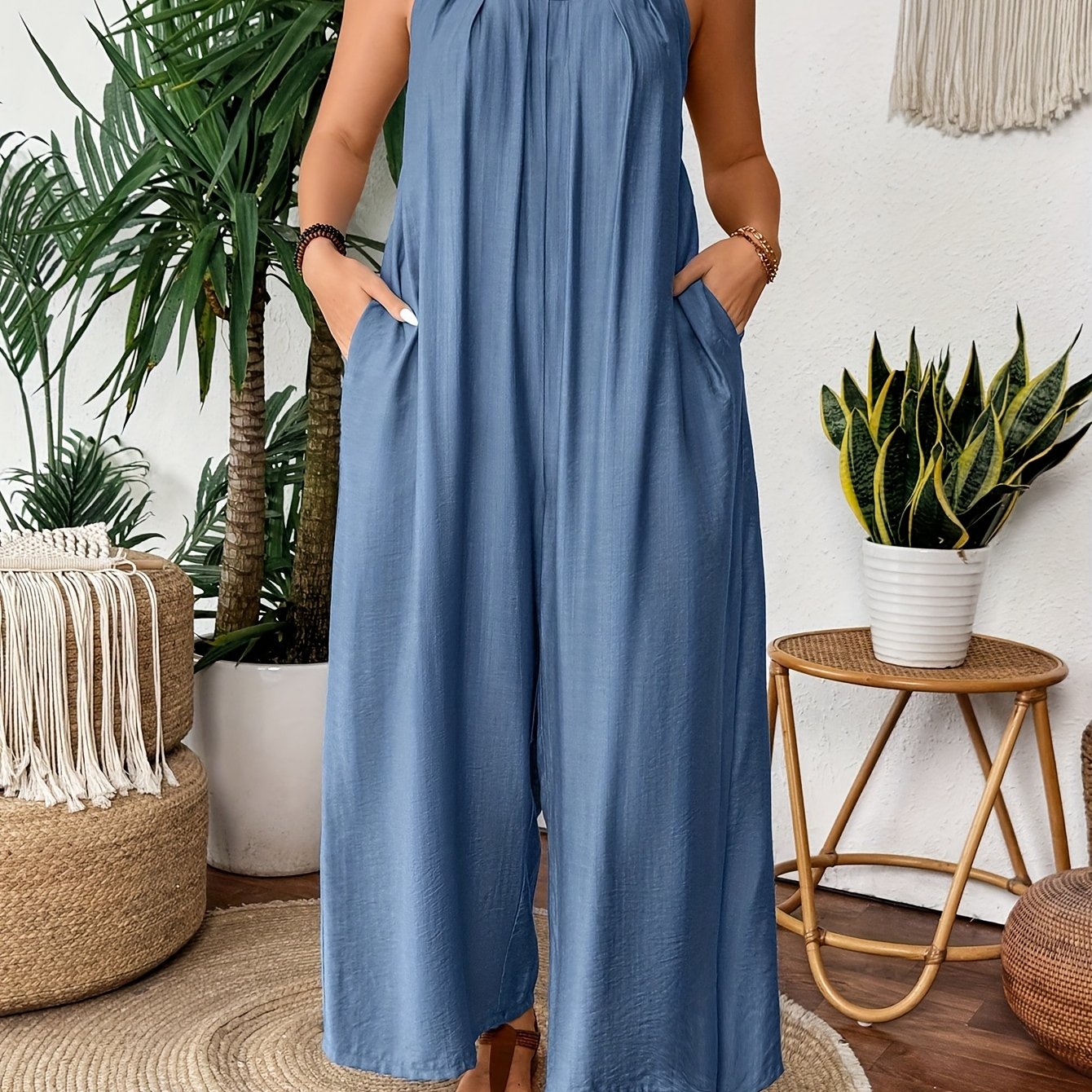 Plus Size Women's Light Blue Wide Leg Jumpsuit with Pockets