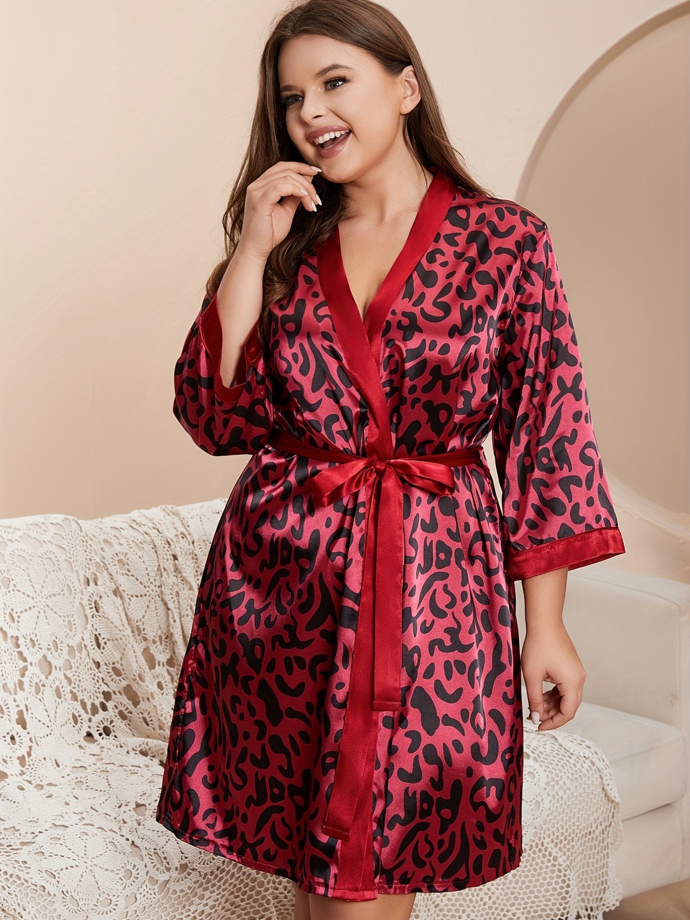 Bata de satén con estampado de leopardo para mujer talla plus con cinturón, bata sin mangas para vestir