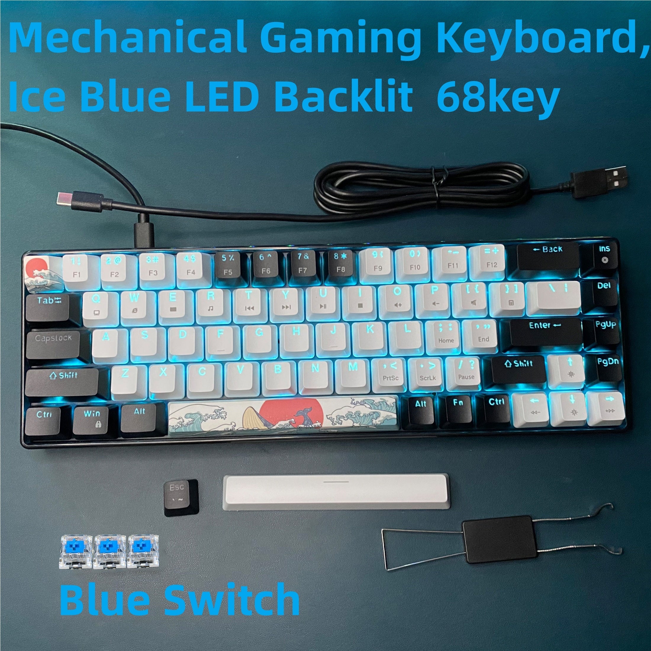 68-Key Mechanical Gaming Keyboard with Blue Backlight Hot-Swappable Switches and Detachable Cable