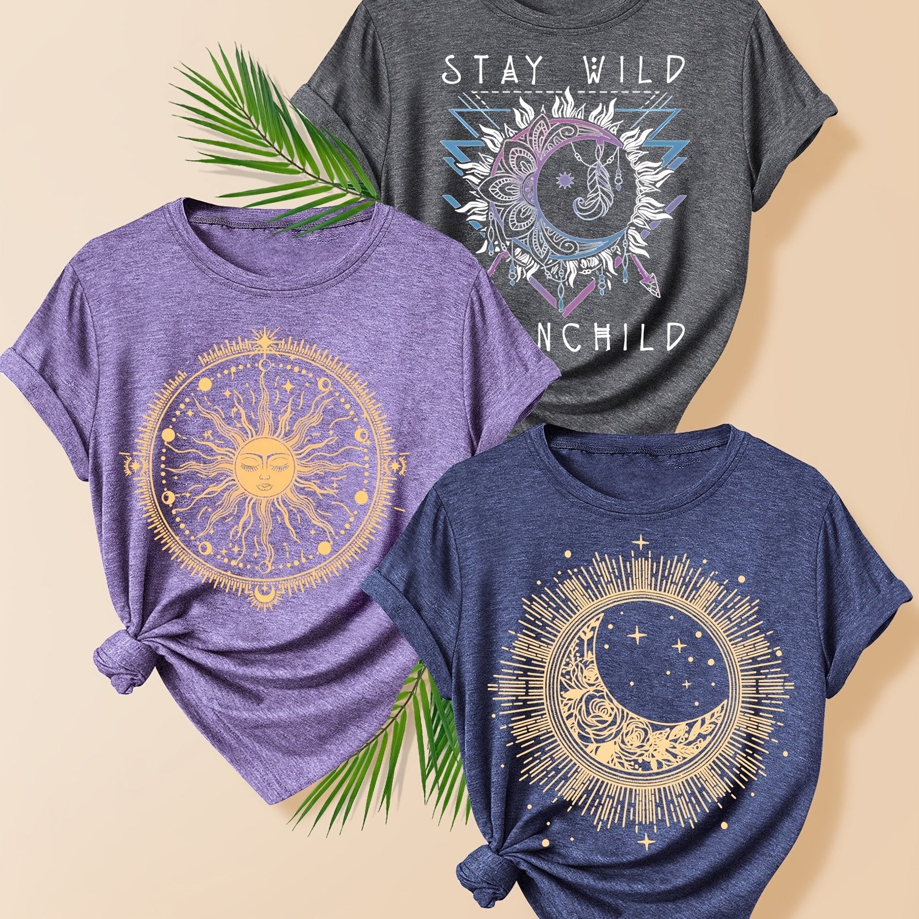 Women's 3 Pack Vintage-Inspired Sun & Moon Graphic T-Shirts Short Sleeve Polyester Blend