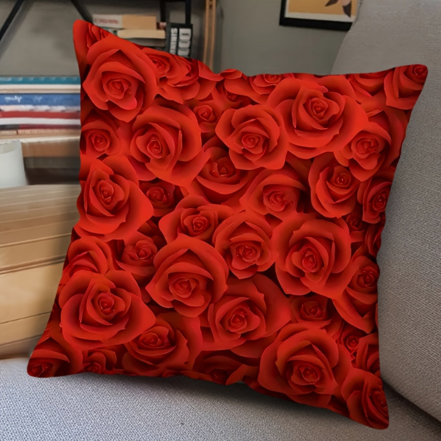 Red Rose Printed Throw Pillow Cover 44.96cm x 44.96cm Floral Cushion Cover for Valentine's Day and Wedding