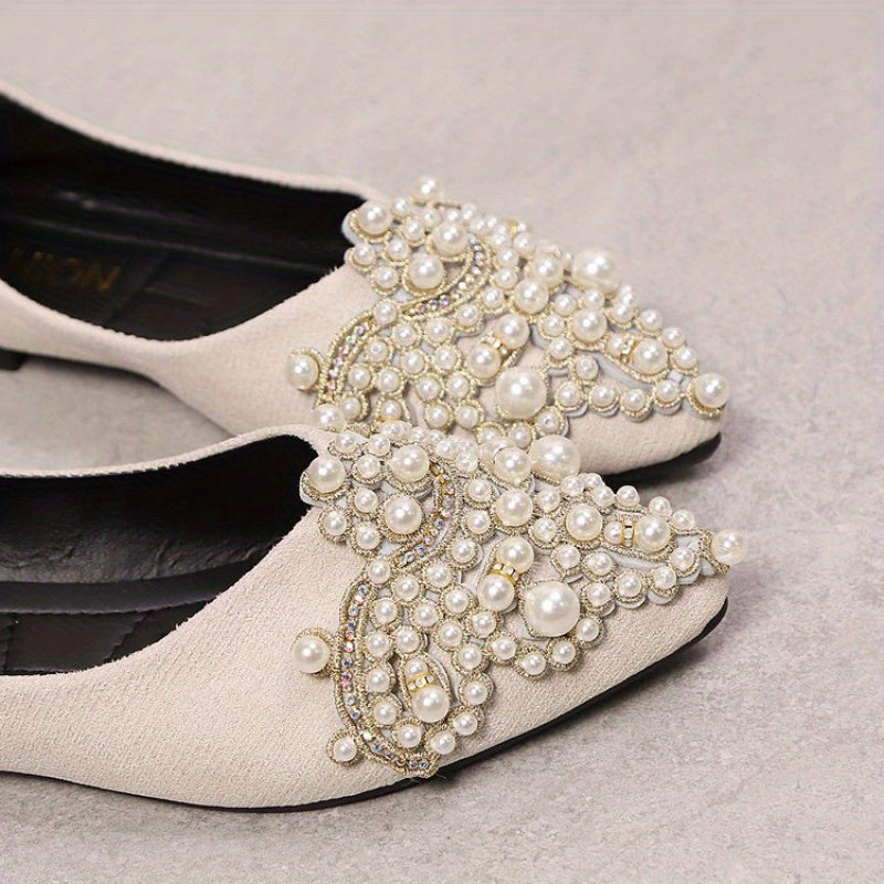 Zapatos planos de punta puntiaguda para mujer con adornos de perlas y strass en tela negra