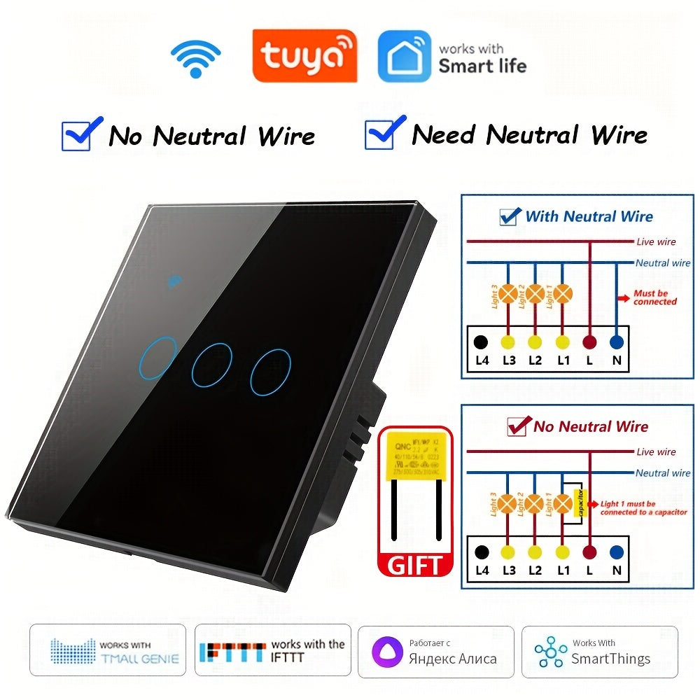 WiFi Smart Switch EU Plug No Neutral Wire Needed Voice Control Compatible with Alexa Google Home 1/2/3/4 Gang Tempered Glass Panel