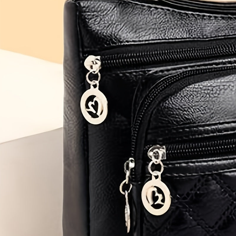 Women's Quilted Multi-Layer Shoulder Bag with Adjustable Strap and Zippered Compartments
