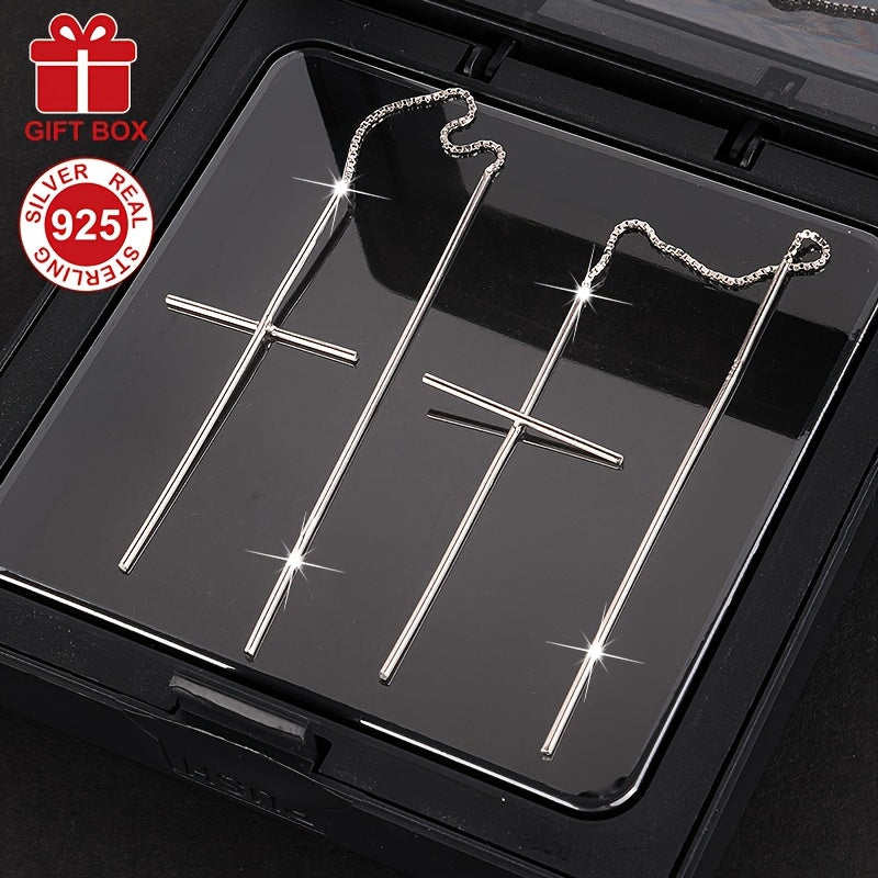 Pendientes largos de plata de ley con borla y hilo de oreja en forma de cruz para mujeres