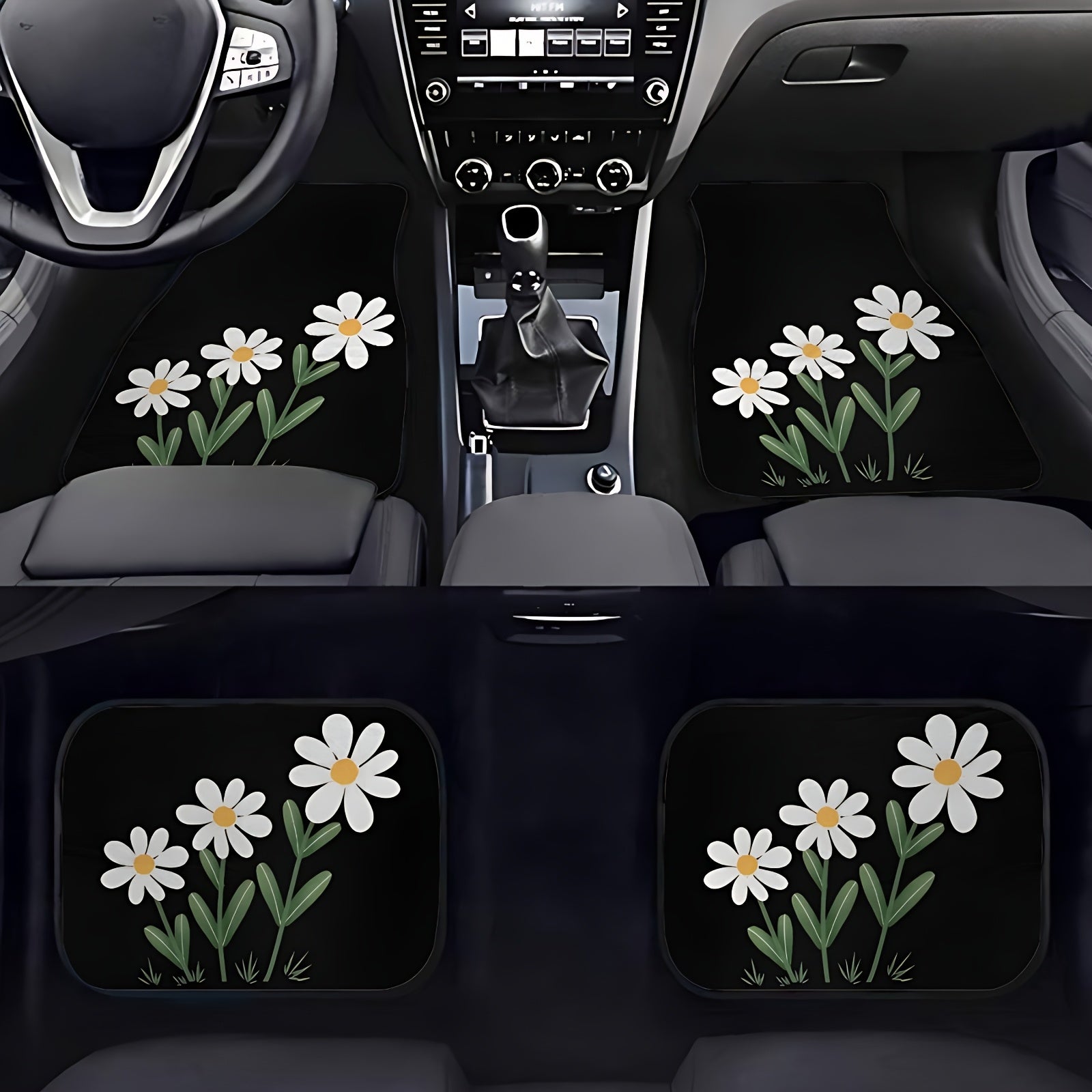 White Daisy Print Car Floor Mats Set for Sedan and SUV Non-Slip Durable