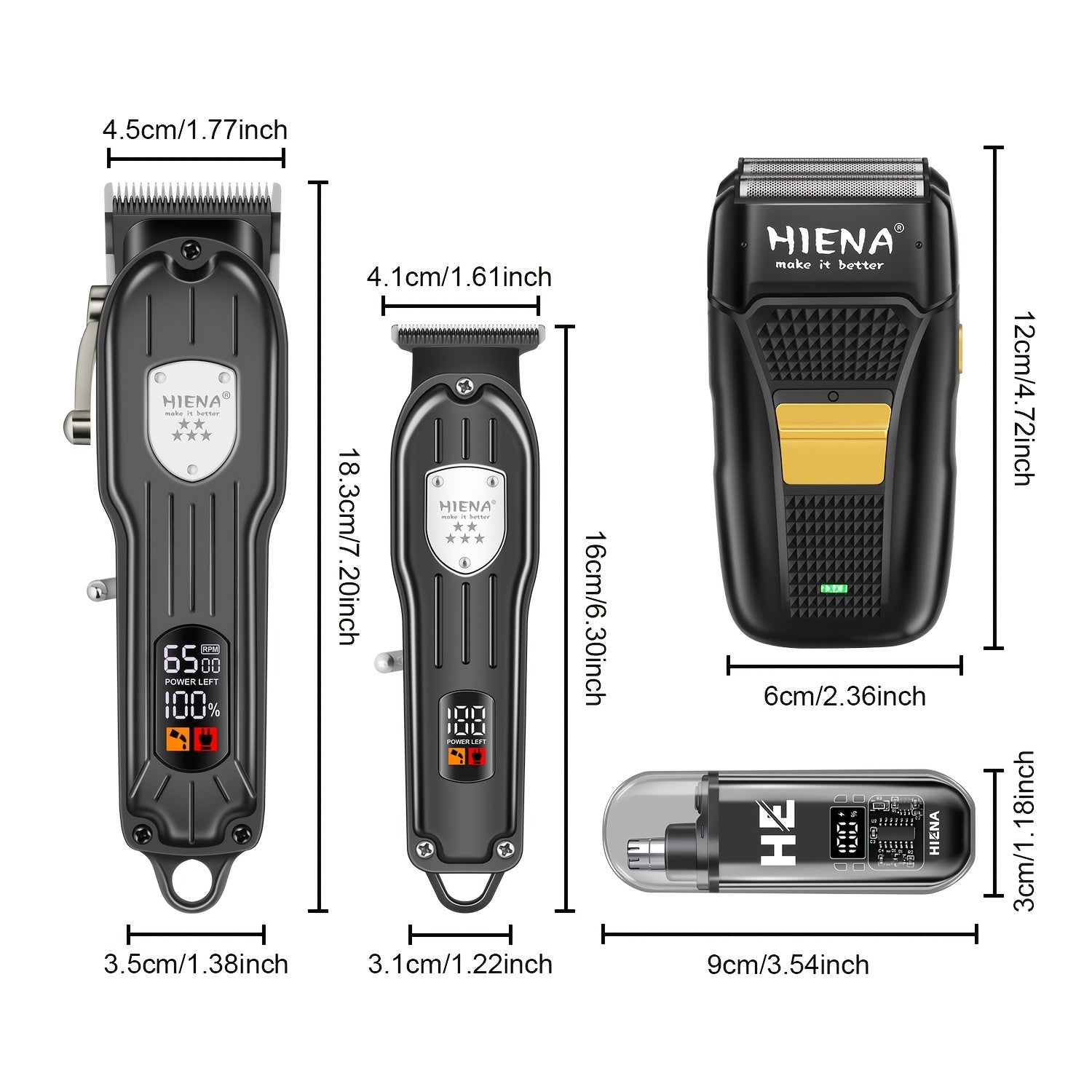 Набор для ухода за мужчинами Hiena Professional включает беспроводной машинкой для стрижки волос, триммер с нулевым зазором T-образной лезвия, триммер для носа, перезаряжаемый электробритву с цифровым дисплеем уровня заряда батареи. Идеально
