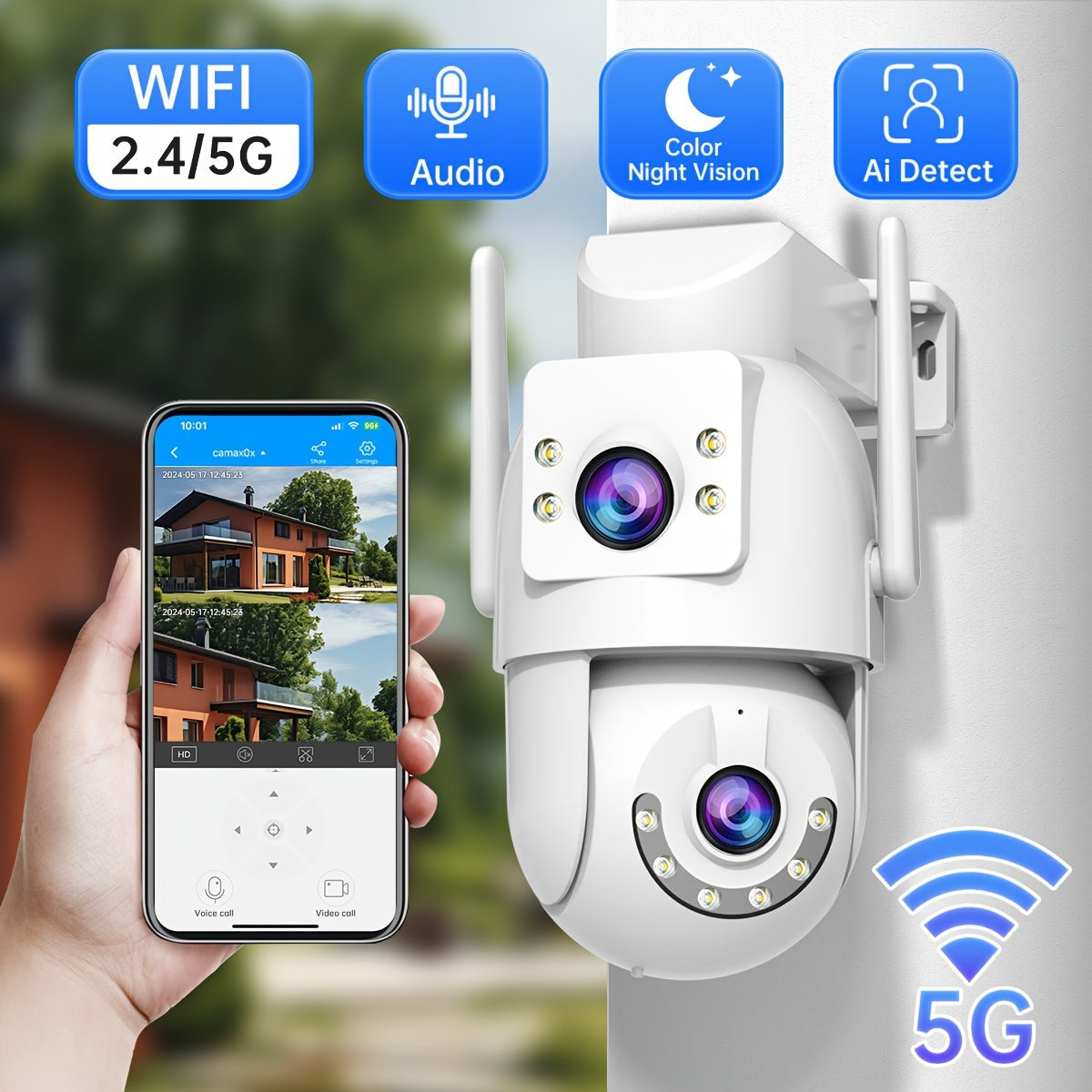 Dual Lens WiFi Security Camera Full HD Pan Tilt Night Vision AI Detection Ethernet USB