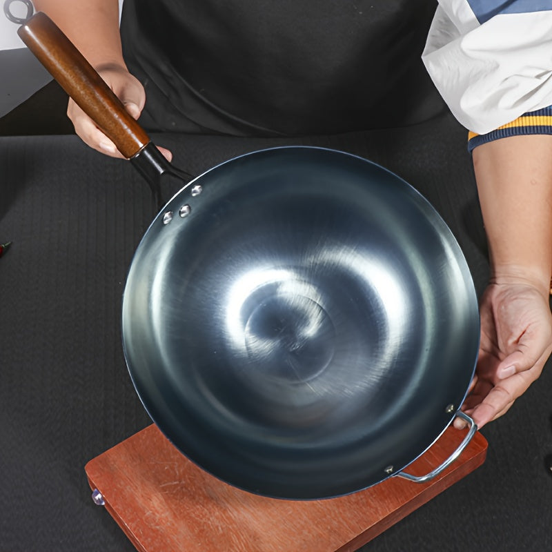 Qo'l bilan zarb qilingan yopishqoq quyma temir wok, ajratiladigan yog'och tutqichi bilan - 32.0 sm o'lcham, gaz pechlari uchun ideal va uy oshxonasida zarur