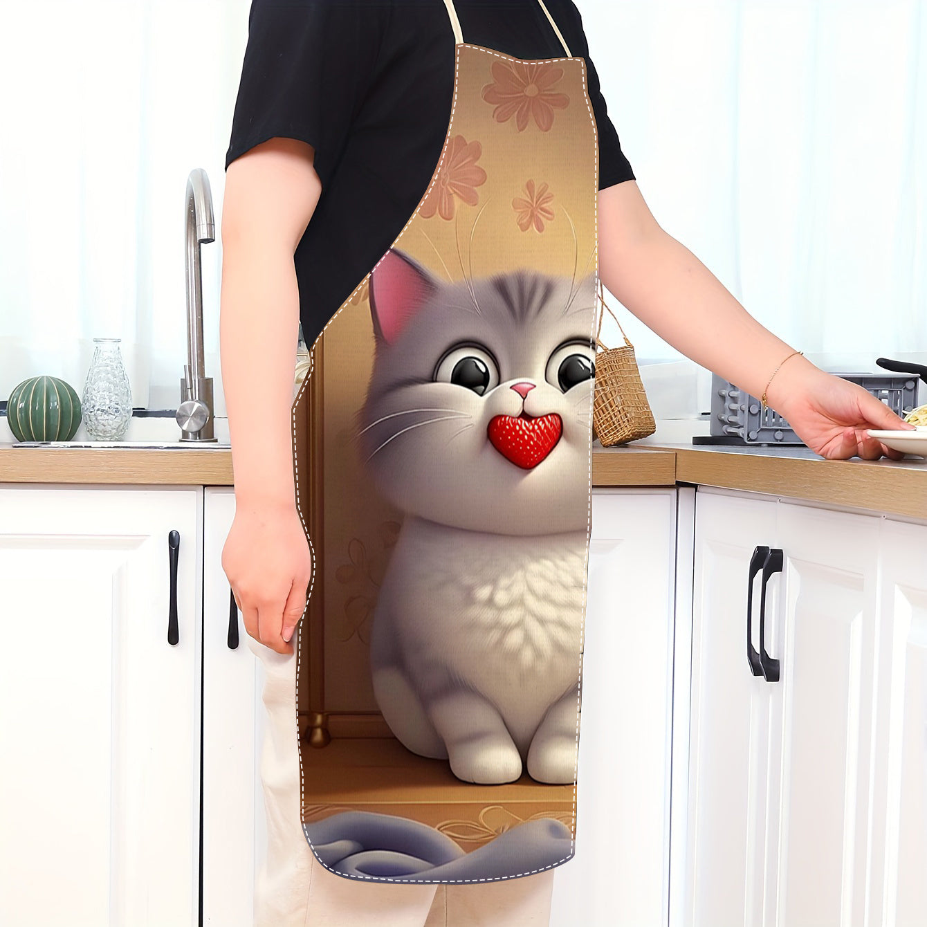 Cat-Inspired Linen Apron for Adults, Sleeveless, Floral Pattern, Lightweight Kitchen Garment
