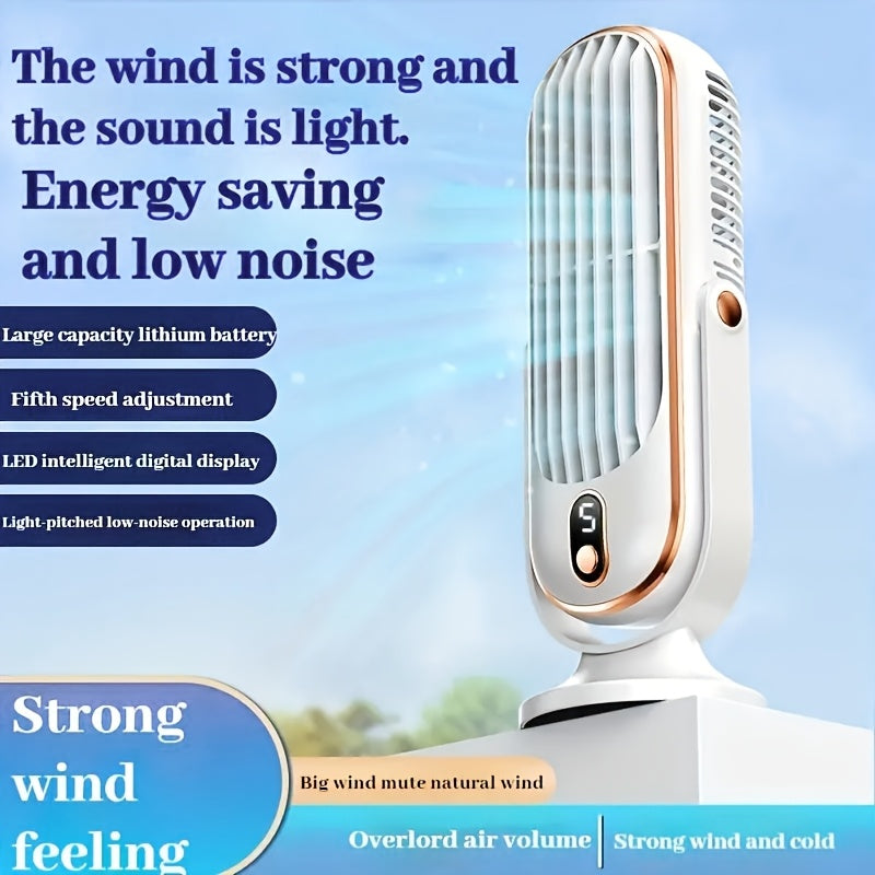Portable Mini Fan with Digital Display, 5-Speed, USB Rechargeable for Travel and Office