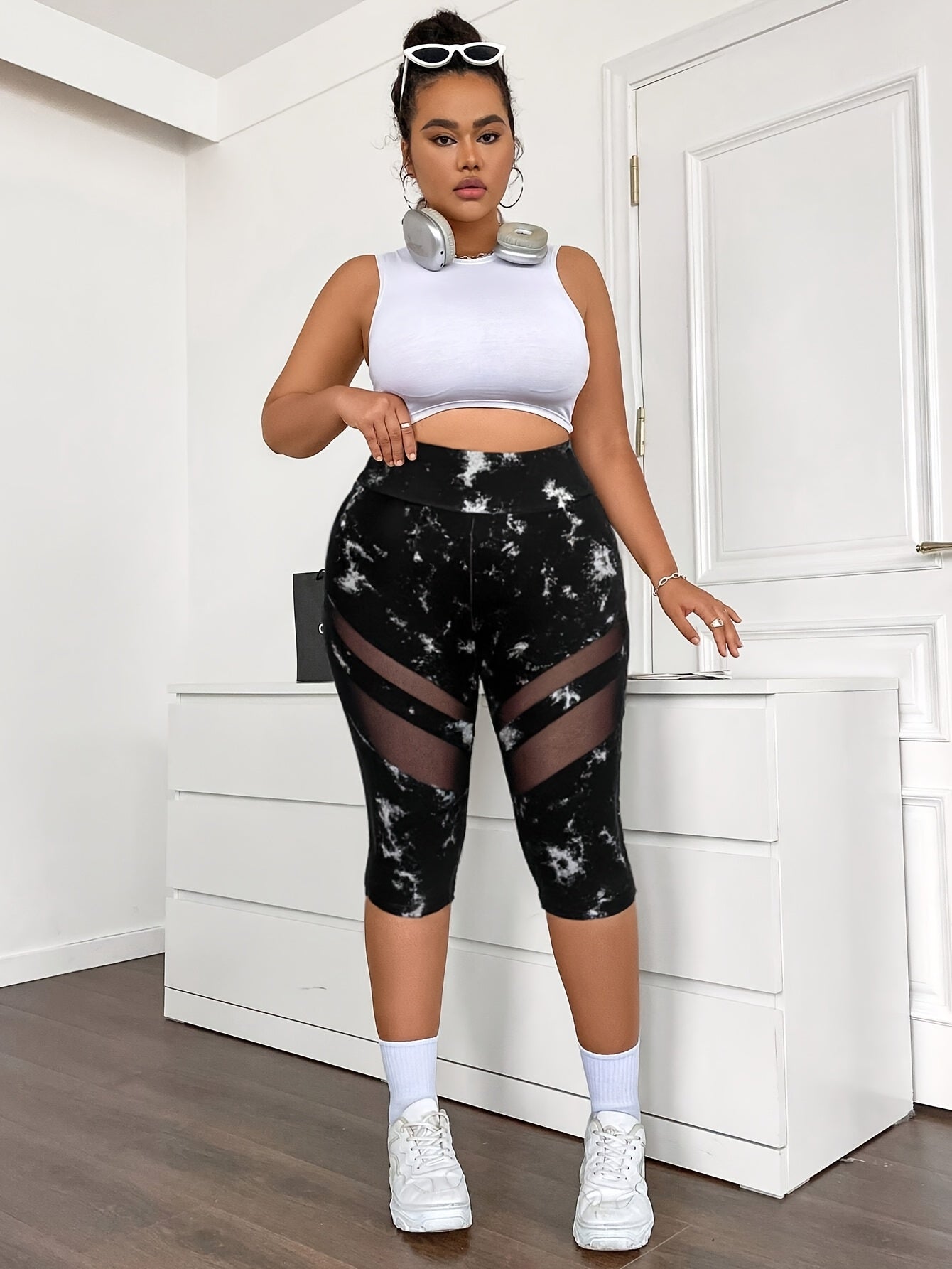 Plus Size Women's High-Waisted Mesh Panel Tie-Dye Yoga Shorts