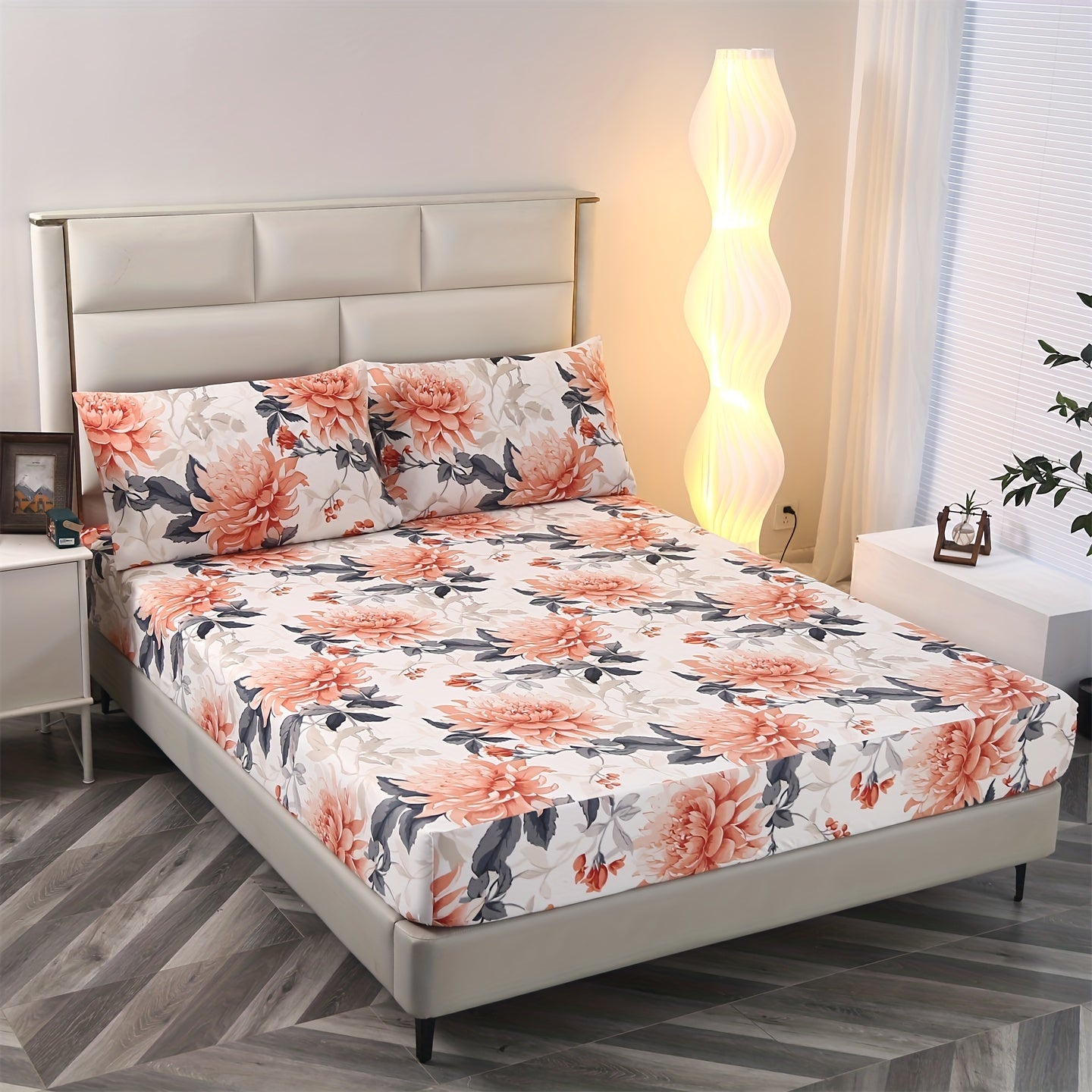 Floral Print Bedding Set with Fitted Sheet and Pillowcases for Bedroom and Guest Room