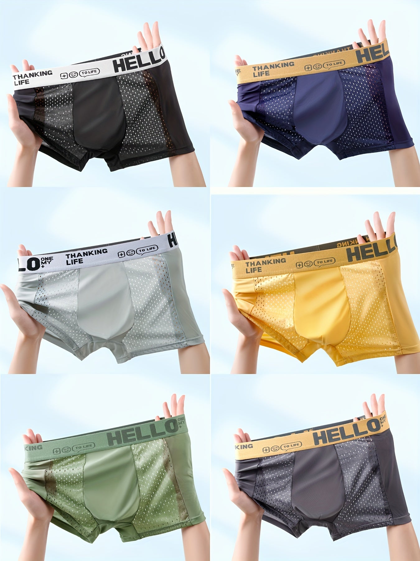 Men's Breathable Mesh Boxer Briefs 6 Pack Solid Color Cooling Fabric Elastane