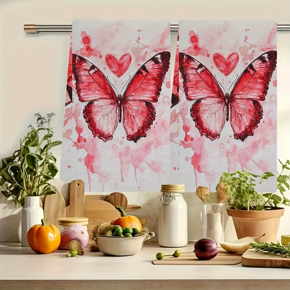 Valentine's Day Kitchen Towels Red Butterfly Heart Absorbent 16x24 Inches