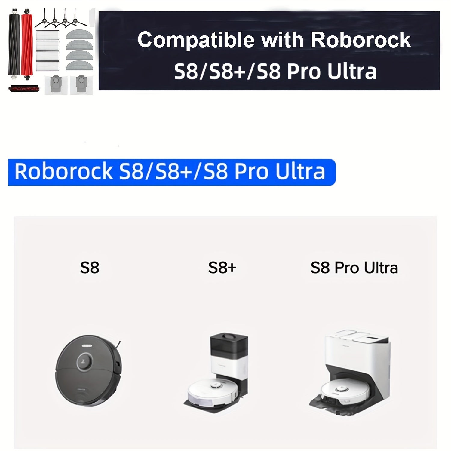20 dona vakuum tozalash uchun aksessuarlar to'plami Roborock S8/S8 Pro Ultra uchun asosiy cho'tka, filtrlar, yon cho'tkalar, mop mato, chang qoplari