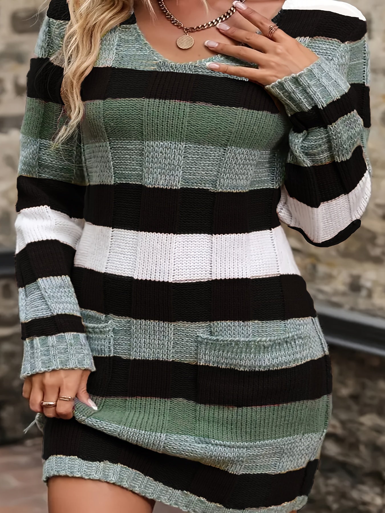 Women's Plus Size Striped Sweater Dress with V-Neck Pockets in Olive Green