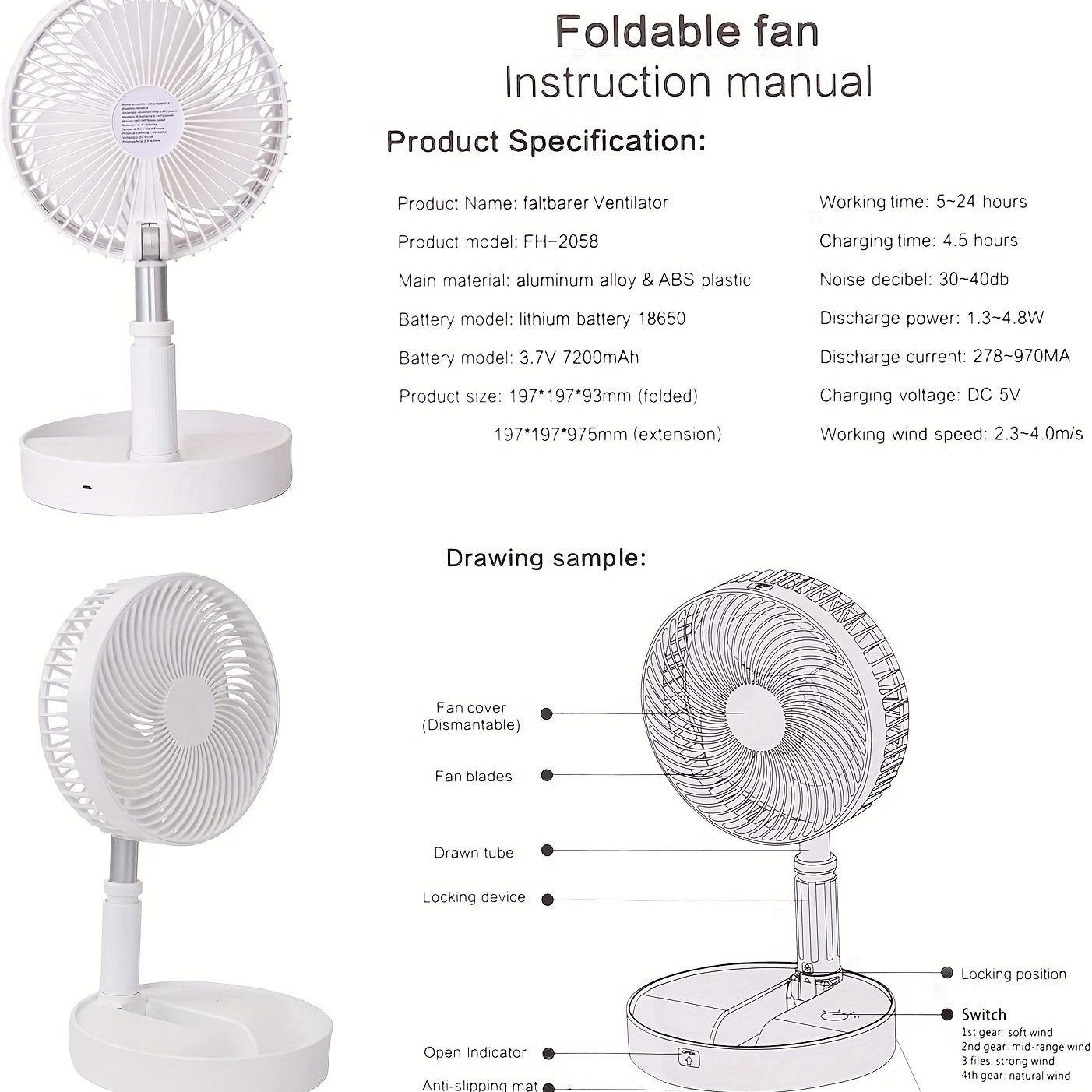 Rechargeable Portable Fan with Adjustable Height 4 Speed Settings Oscillation Office Home