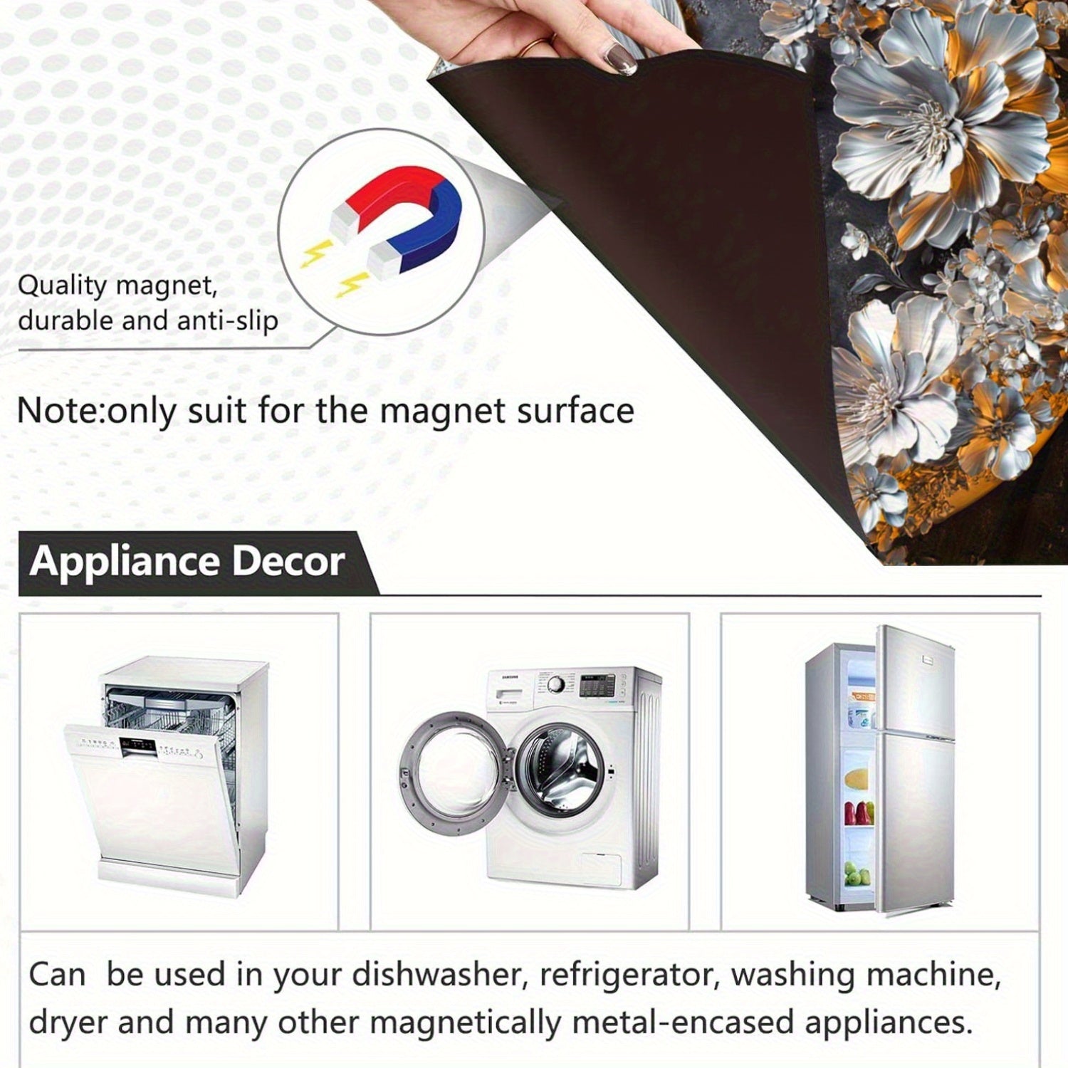 Oltin oy drujba gulchambarli idish yuvish mashinasi magnit qopqog'i suv o'tkazmaydigan issiqqa chidamli PVC stiker 58.5x65 sm oshxona dekoratsiyasi