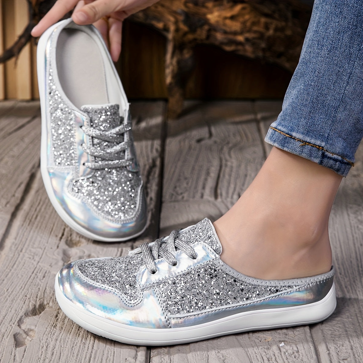 Women's Glitter Sequin Embellished Synthetic Cover Mules Breathable Summer Beach Shoes