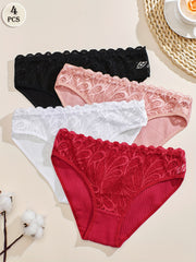 Women’s Cotton Briefs Set 4 Pieces Mid Rise Lace Solid Comfortable Stretchy