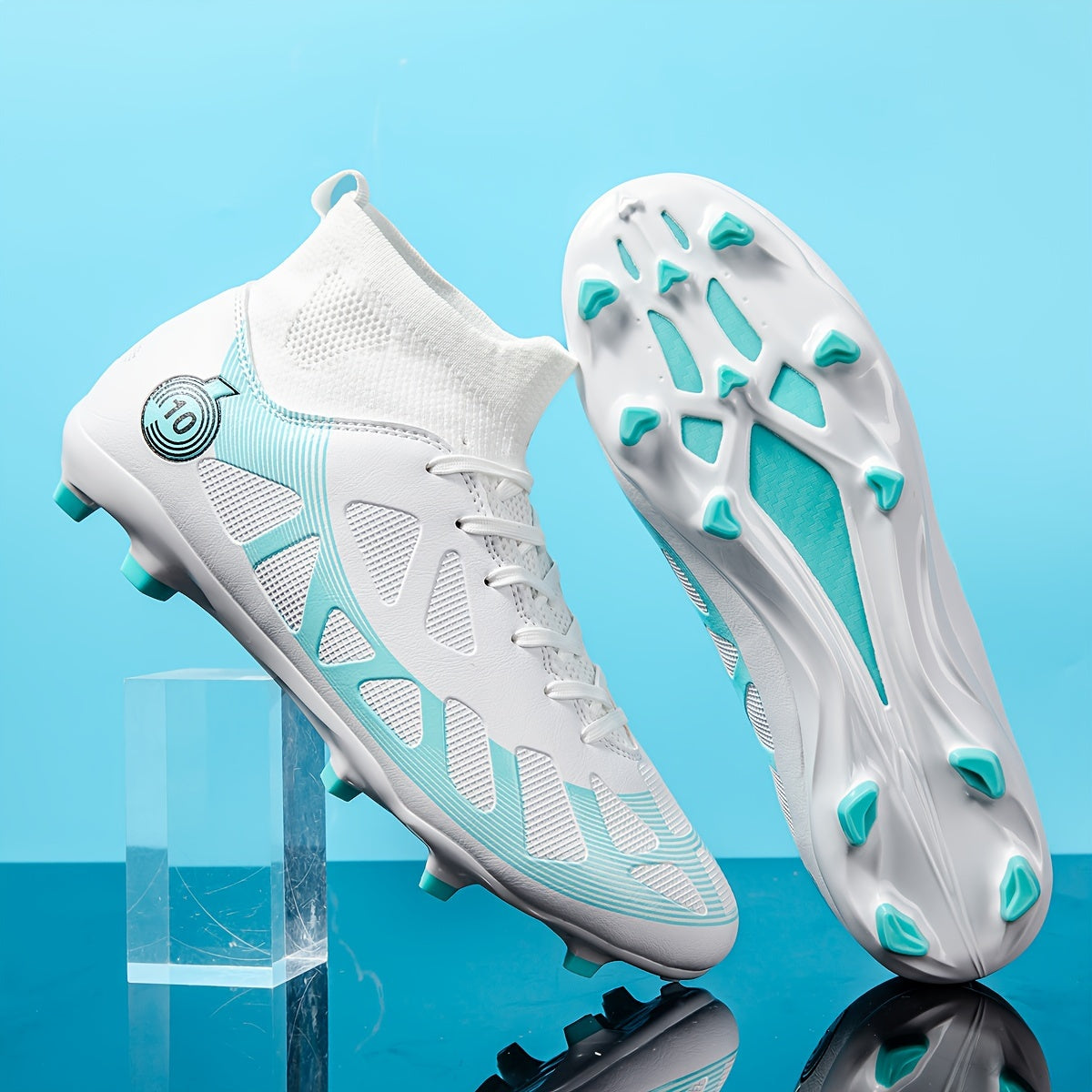 Men's White and Teal High-Top Soccer Cleats with Long Studs for Outdoor Training and Matches