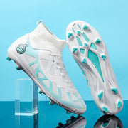 Men's White and Teal High-Top Soccer Cleats with Long Studs for Outdoor Training and Matches