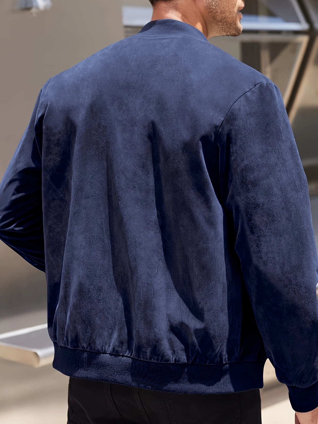 Men's Navy Blue Lightweight Polyester Jacket with Stand Collar and Full-Zip for Spring and Autumn