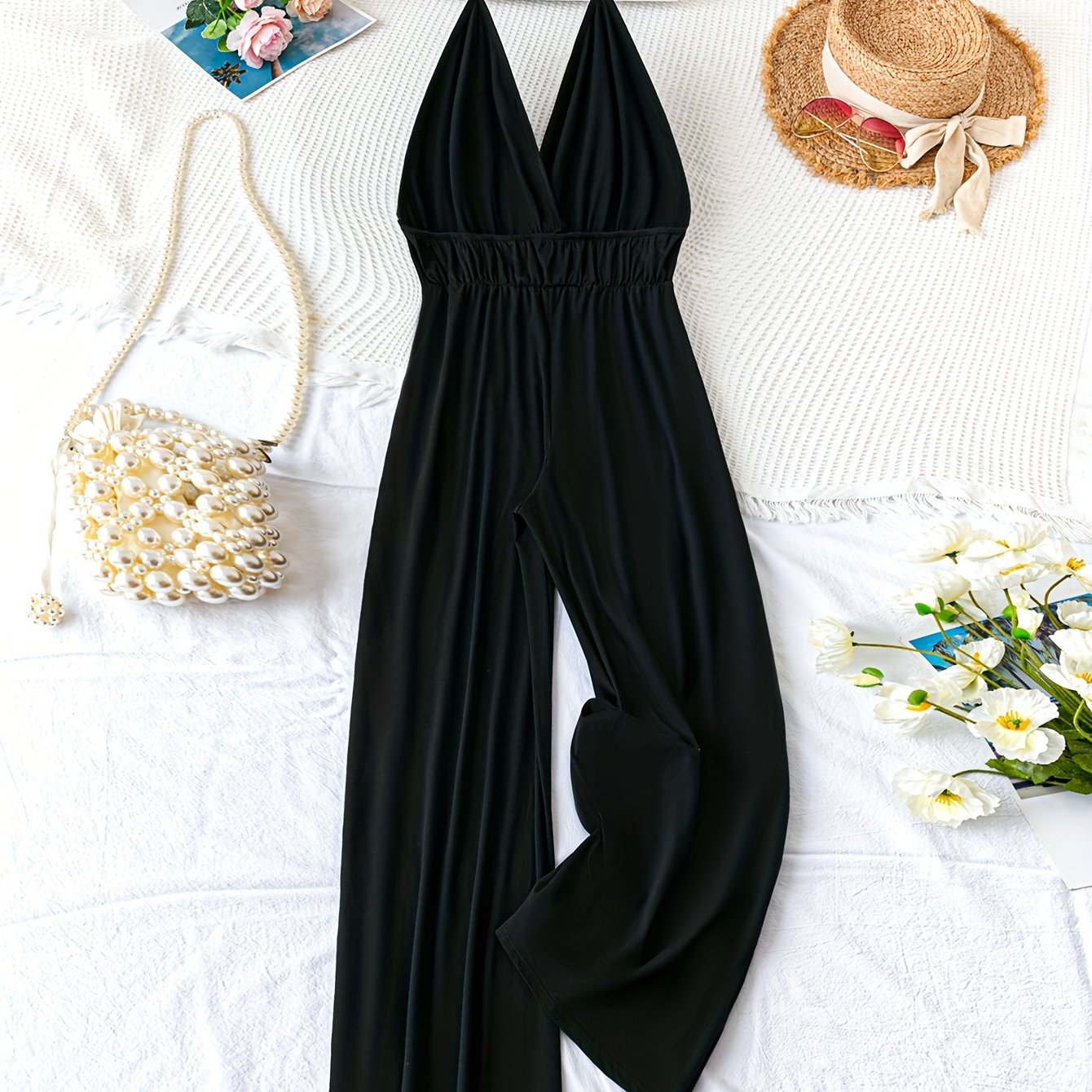 Women's Sleeveless V-Neck Jumpsuit Black Backless Flowy Legs Vacation Wear