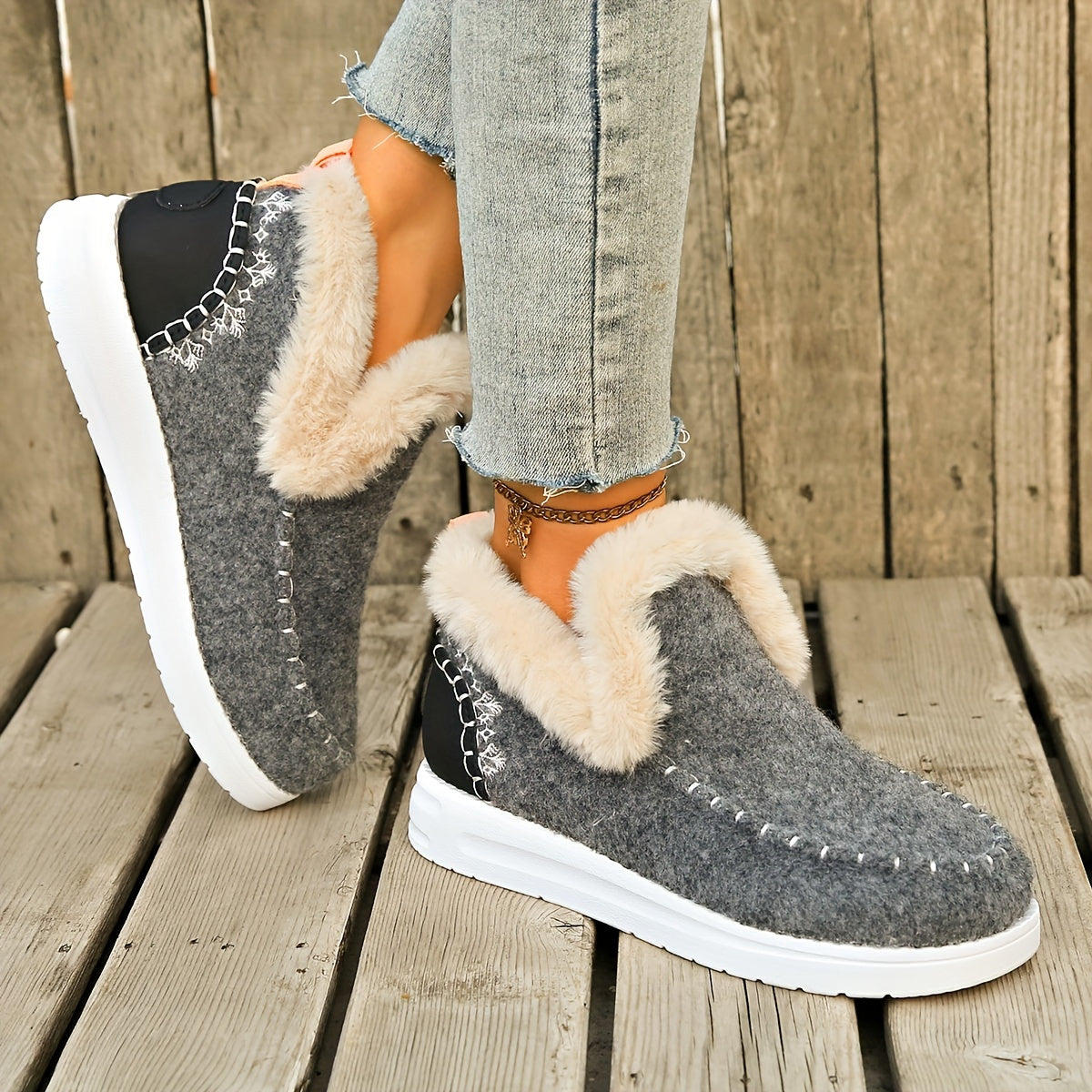 Women's Plush-Lined Ankle Boots Warm Faux Furry Casual Slip-On Shoes