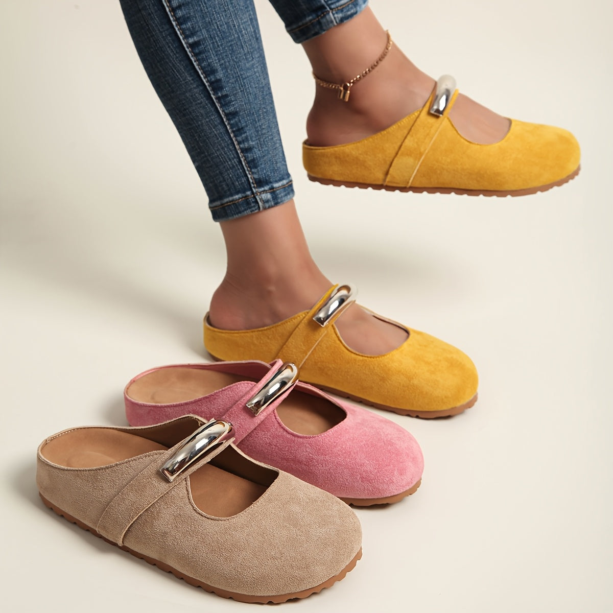 Women's Slip-On Loafers with Metal Buckle Fabric Upper EVA Sole